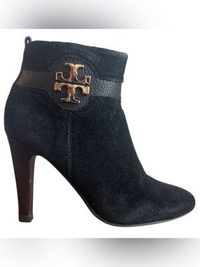 Tory Burch Bristol 85mm Black Suede Gold Logo Ankle Booties 7.5